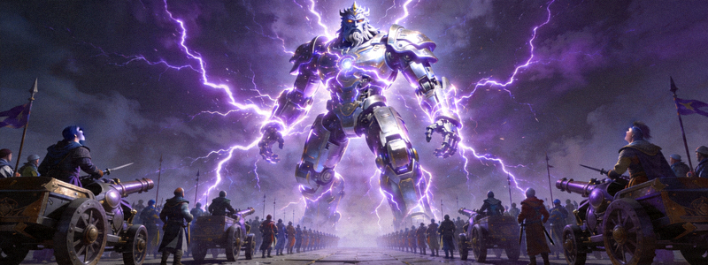 游戏最终BOSS战场景，巨大的机器人宙斯在雷电中显现，与玩家的军队对峙