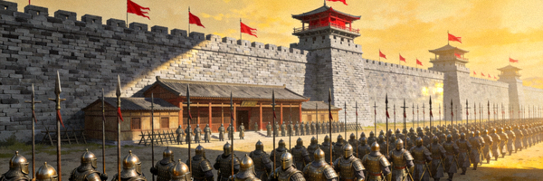 军事防御体系：展示城墙、塔楼、兵营与军队编队