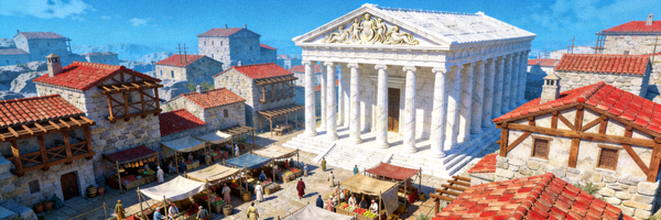 宙斯游戏中的古希腊城邦建设画面，展示神庙、民居与市场